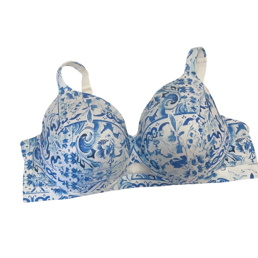 Cacique‎ Womens 48DD White Blue Floral Underwire Bra Adjustable Straps Plus Size